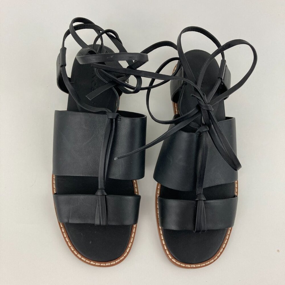 Vince Forster Black Leather Sandals Size 6.5M Ankle Wrap Tie Low Wedge Heel - Picture 3 of 8
